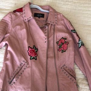 Pink embroidered studded moto jacket
